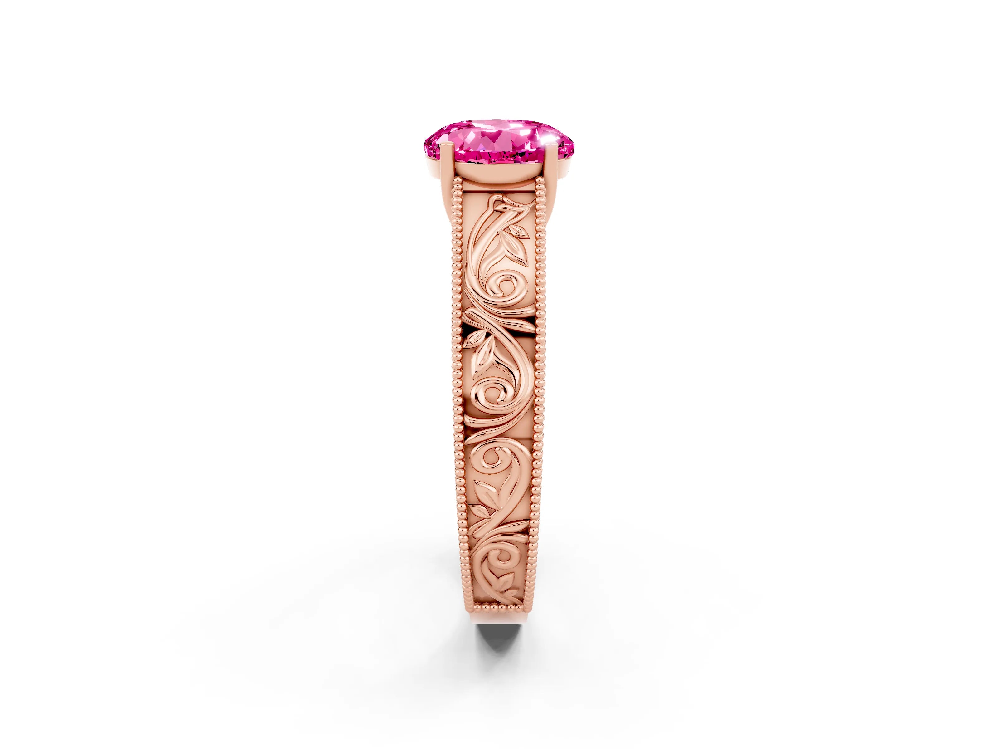 Rose gold Round Cut Pink Sapphire Solitaire Ring with Engraved Band and Four-Prong Setting_2