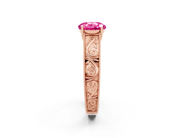 Rose gold Round Cut Pink Sapphire Solitaire Ring with Engraved Band and Four-Prong Setting