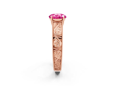 Rose gold Round Cut Pink Sapphire Solitaire Ring with Engraved Band and Four-Prong Setting_2