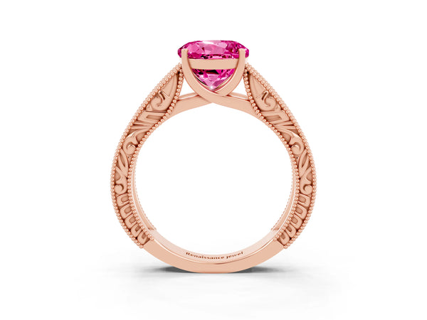 Rose gold Round Cut Pink Sapphire Solitaire Ring with Engraved Band and Four-Prong Setting