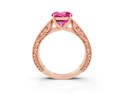 Rose gold Round Cut Pink Sapphire Solitaire Ring with Engraved Band and Four-Prong Setting_3