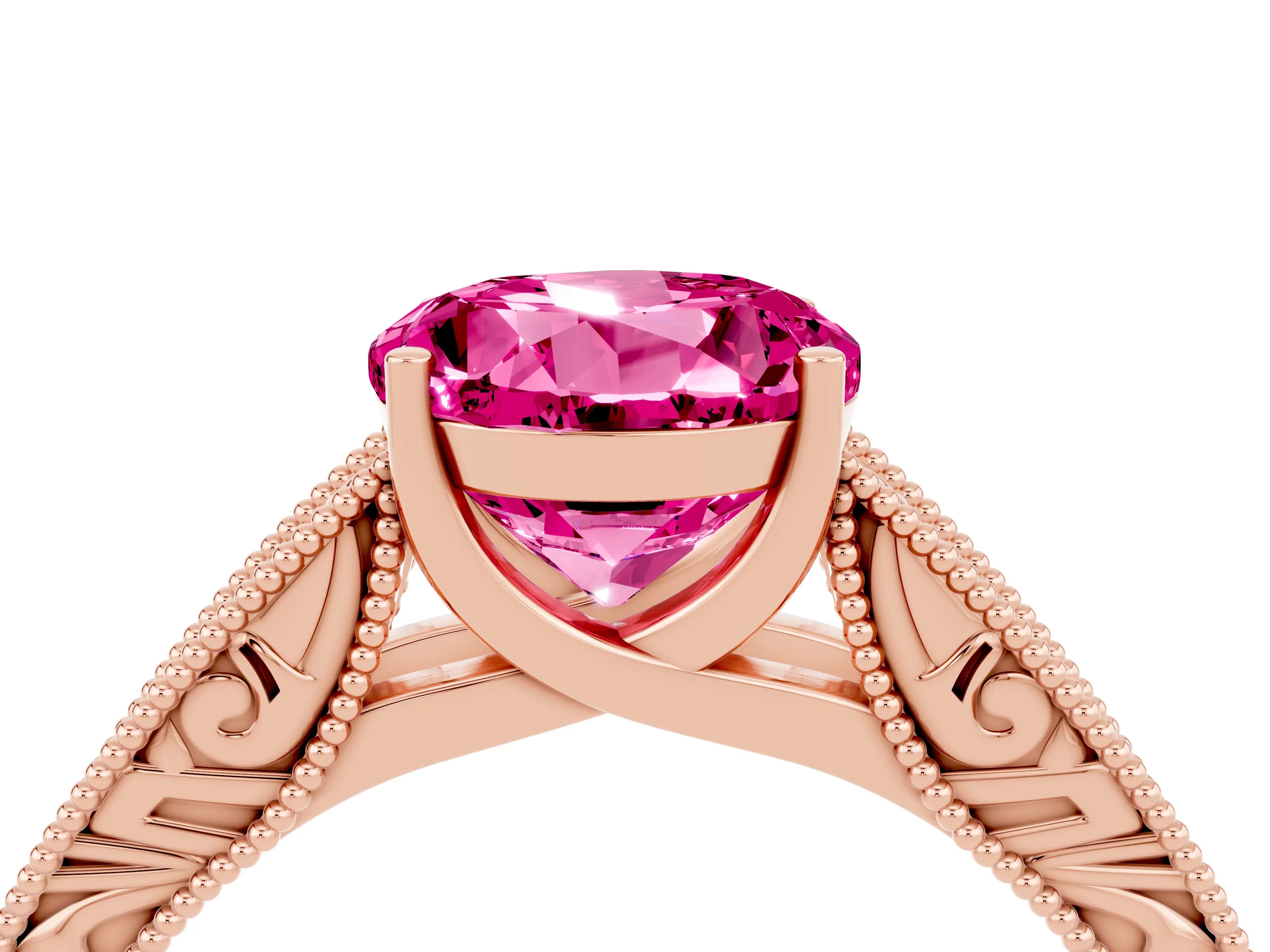 Rose gold Round Cut Pink Sapphire Solitaire Ring with Engraved Band and Four-Prong Setting_4