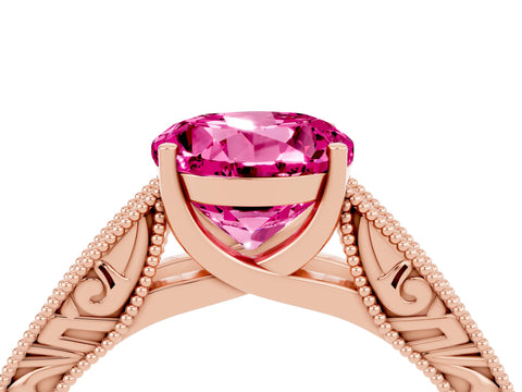 Rose gold Round Cut Pink Sapphire Solitaire Ring with Engraved Band and Four-Prong Setting_4