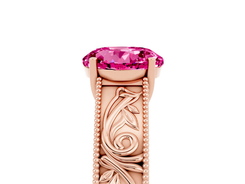 Rose gold Round Cut Pink Sapphire Solitaire Ring with Engraved Band and Four-Prong Setting_5