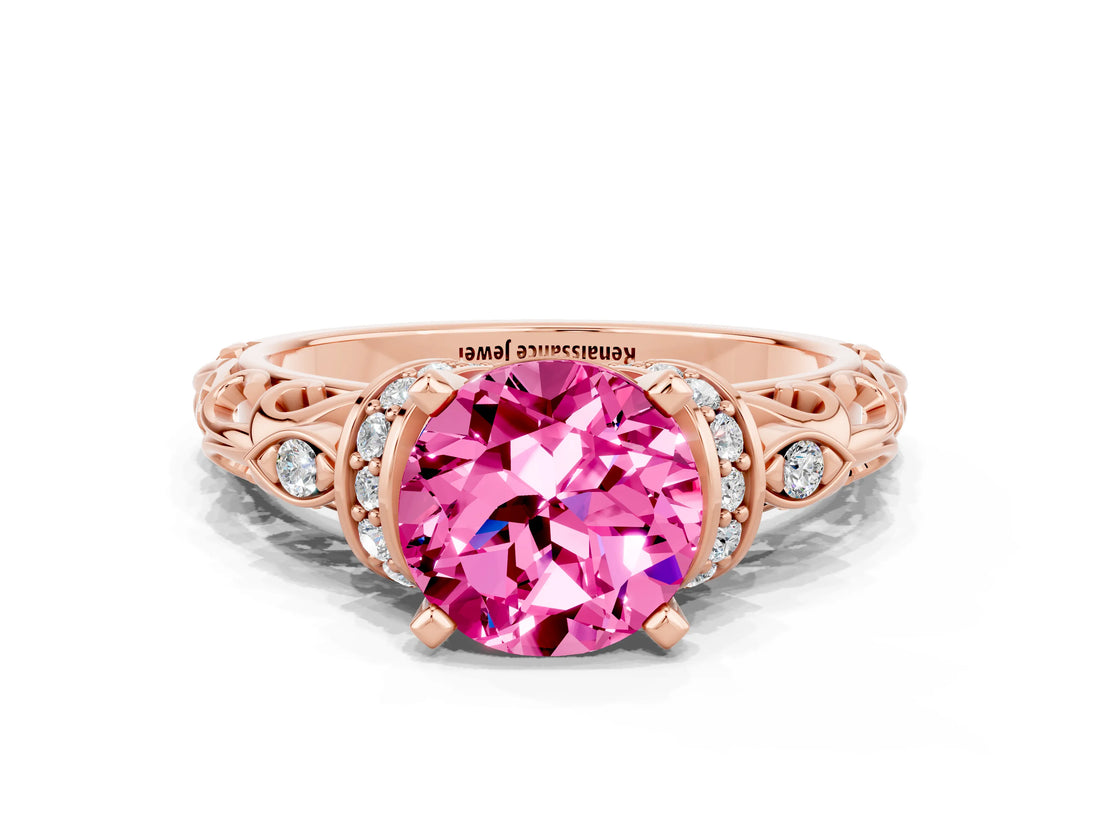 Rose gold Round Cut Pink Sapphire Solitaire Ring with Filigree Band and Four-Prong Setting_48