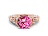 Rose gold Round Cut Pink Sapphire Solitaire Ring with Filigree Band and Four-Prong Setting_48