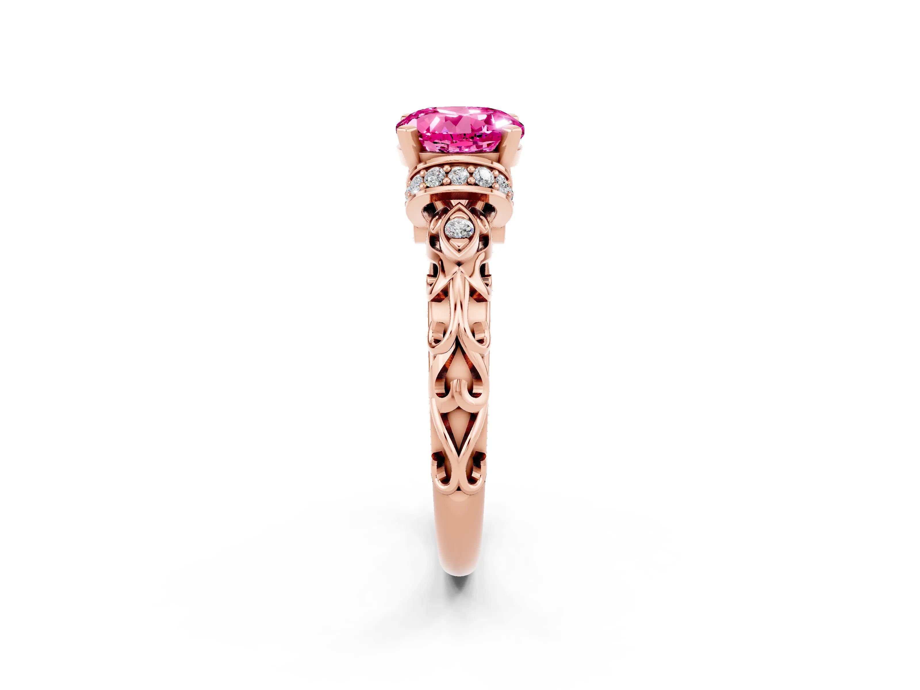 Rose gold Round Cut Pink Sapphire Solitaire Ring with Filigree Band and Four-Prong Setting_50