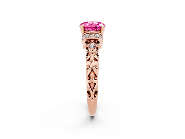 Rose gold Round Cut Pink Sapphire Solitaire Ring with Filigree Band and Four-Prong Setting