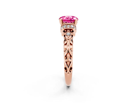 Rose gold Round Cut Pink Sapphire Solitaire Ring with Filigree Band and Four-Prong Setting_50