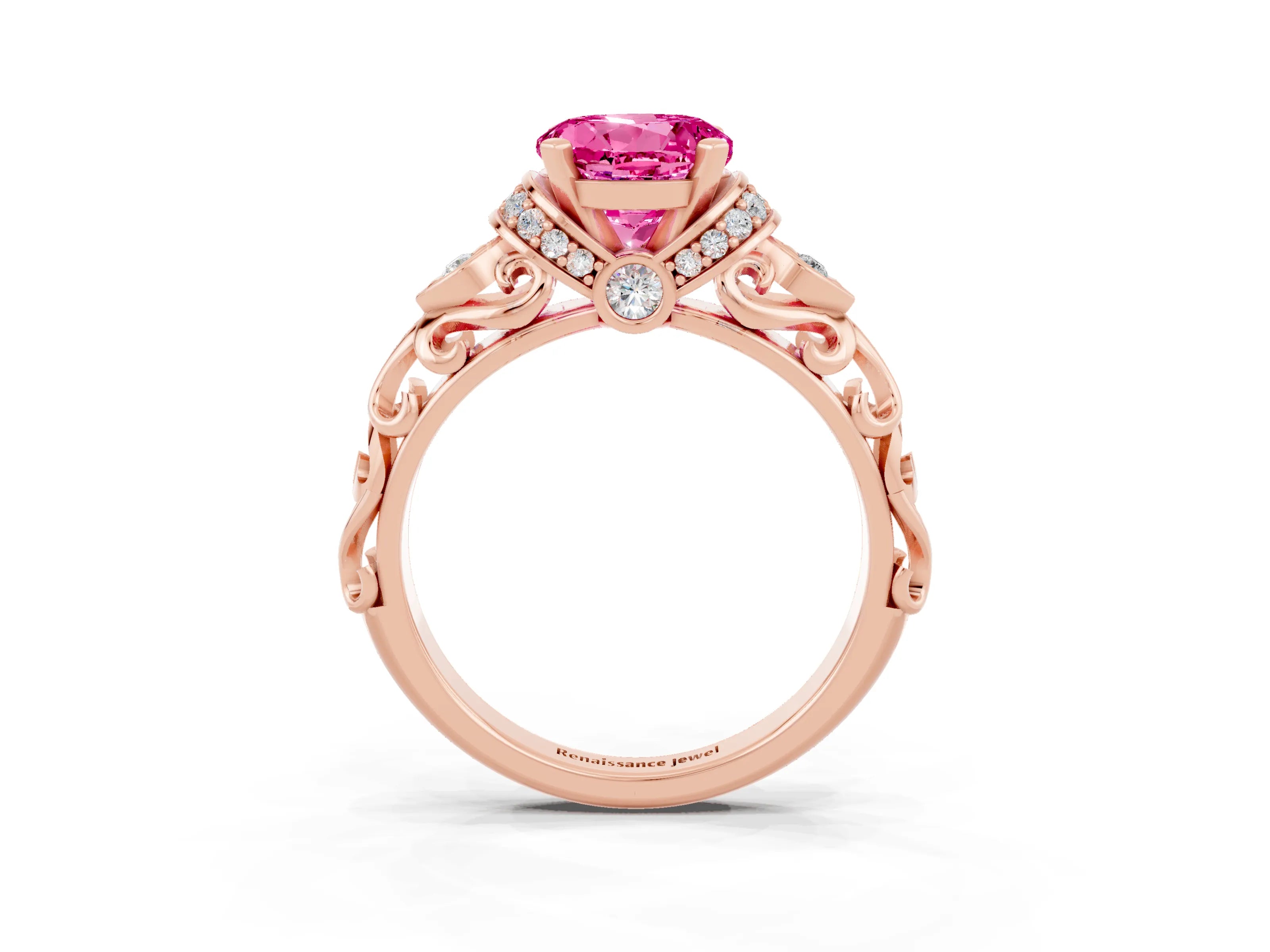 Rose gold Round Cut Pink Sapphire Solitaire Ring with Filigree Band and Four-Prong Setting_51