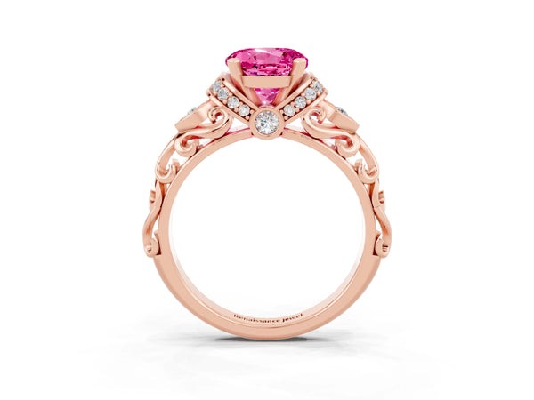 Rose gold Round Cut Pink Sapphire Solitaire Ring with Filigree Band and Four-Prong Setting
