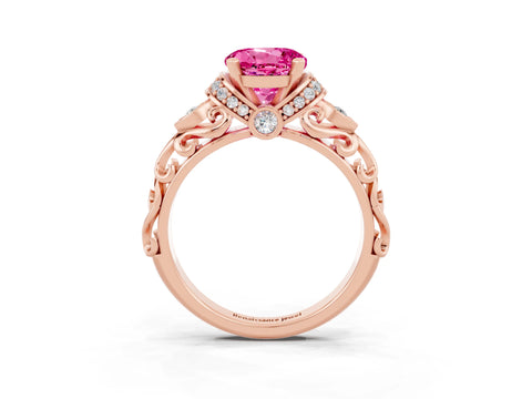 Rose gold Round Cut Pink Sapphire Solitaire Ring with Filigree Band and Four-Prong Setting_51