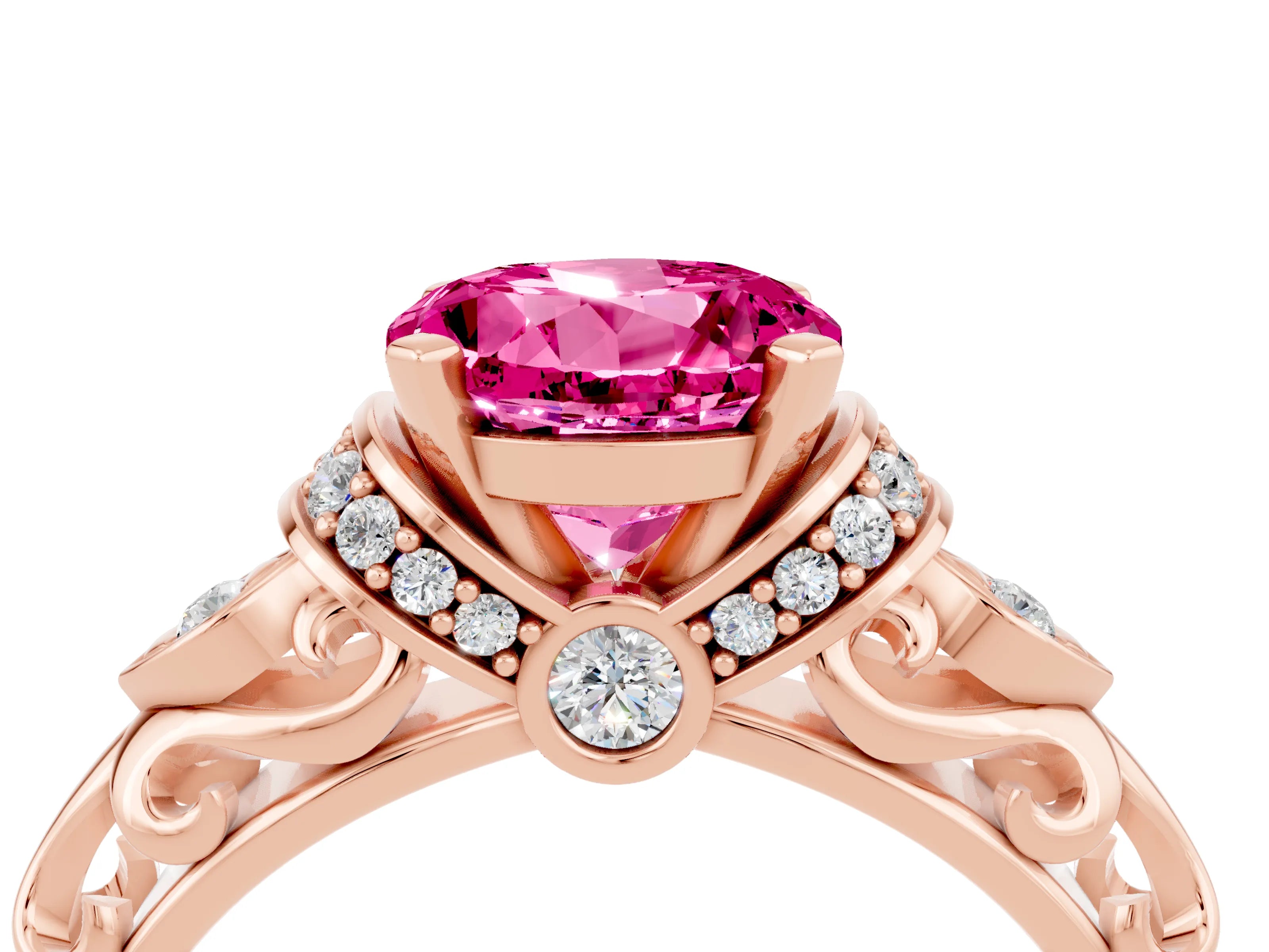Rose gold Round Cut Pink Sapphire Solitaire Ring with Filigree Band and Four-Prong Setting_52