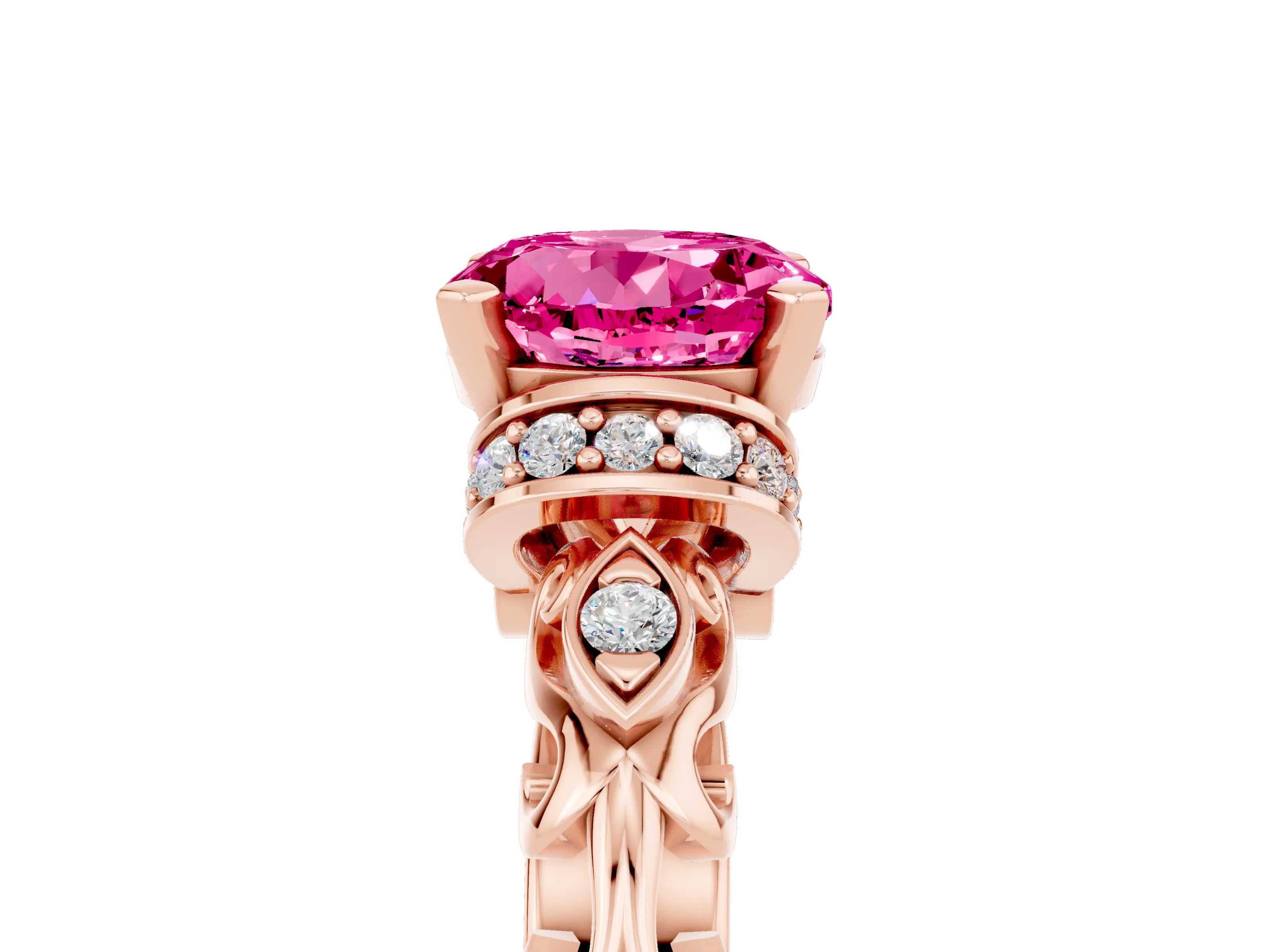 Rose gold Round Cut Pink Sapphire Solitaire Ring with Filigree Band and Four-Prong Setting_53