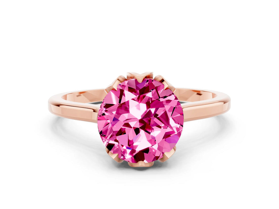 Rose gold Round Cut Pink Sapphire Solitaire Ring with Flower Prong Setting and Classic Band_36