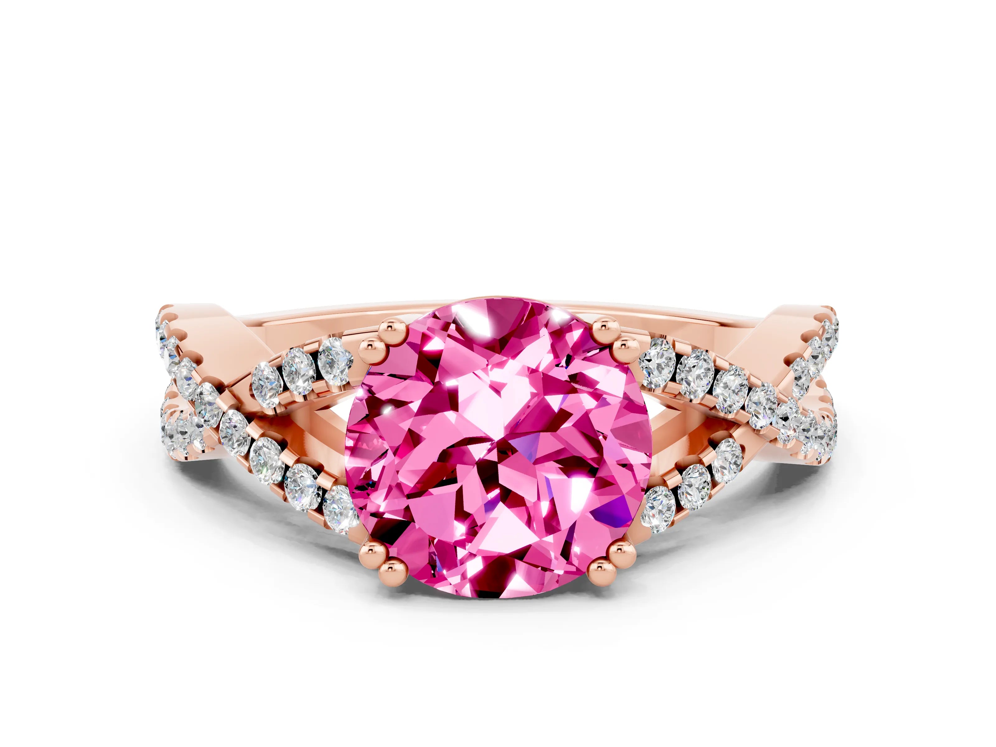 Rose gold Round Cut Pink Sapphire Solitaire Ring with Four-Prong Setting and Twisted Pavé Band_12