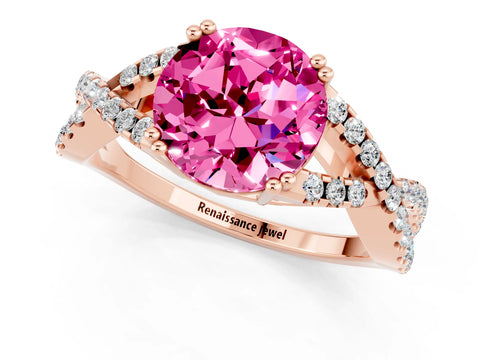 Rose gold Round Cut Pink Sapphire Solitaire Ring with Four-Prong Setting and Twisted Pavé Band_13
