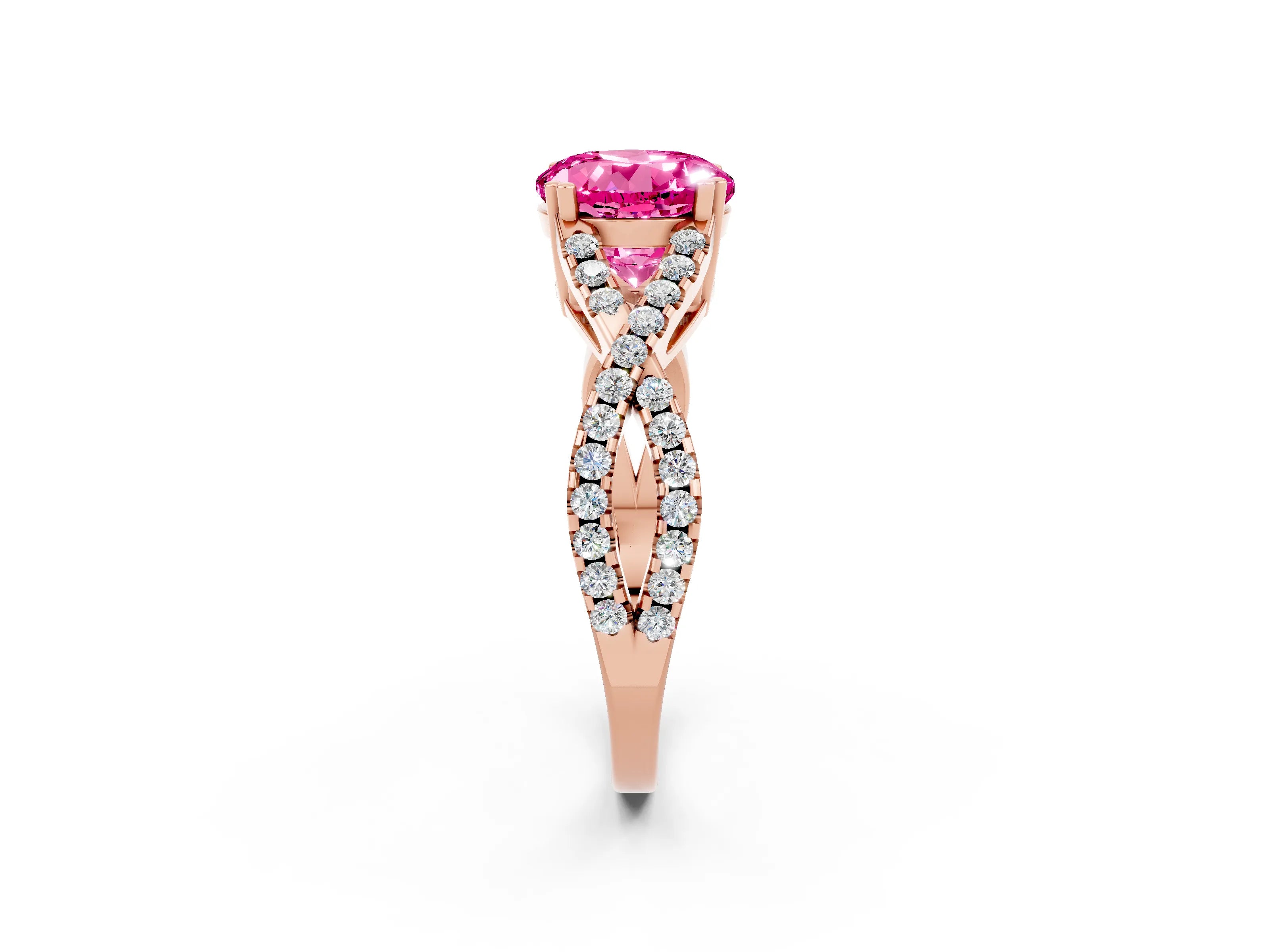 Rose gold Round Cut Pink Sapphire Solitaire Ring with Four-Prong Setting and Twisted Pavé Band_14