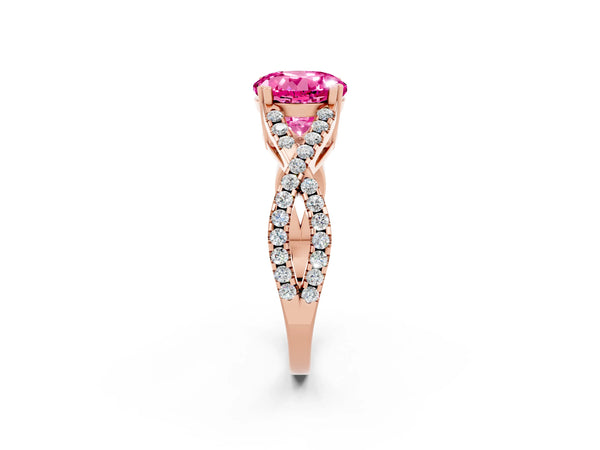Rose gold Round Cut Pink Sapphire Solitaire Ring with Four-Prong Setting and Twisted Pavé Band