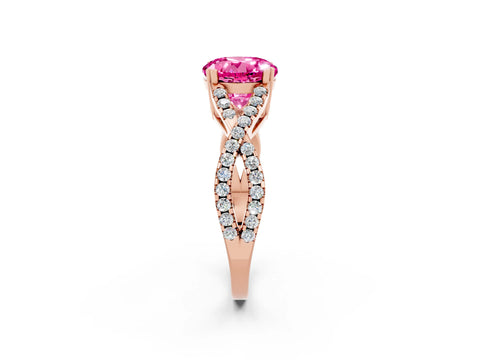 Rose gold Round Cut Pink Sapphire Solitaire Ring with Four-Prong Setting and Twisted Pavé Band_14