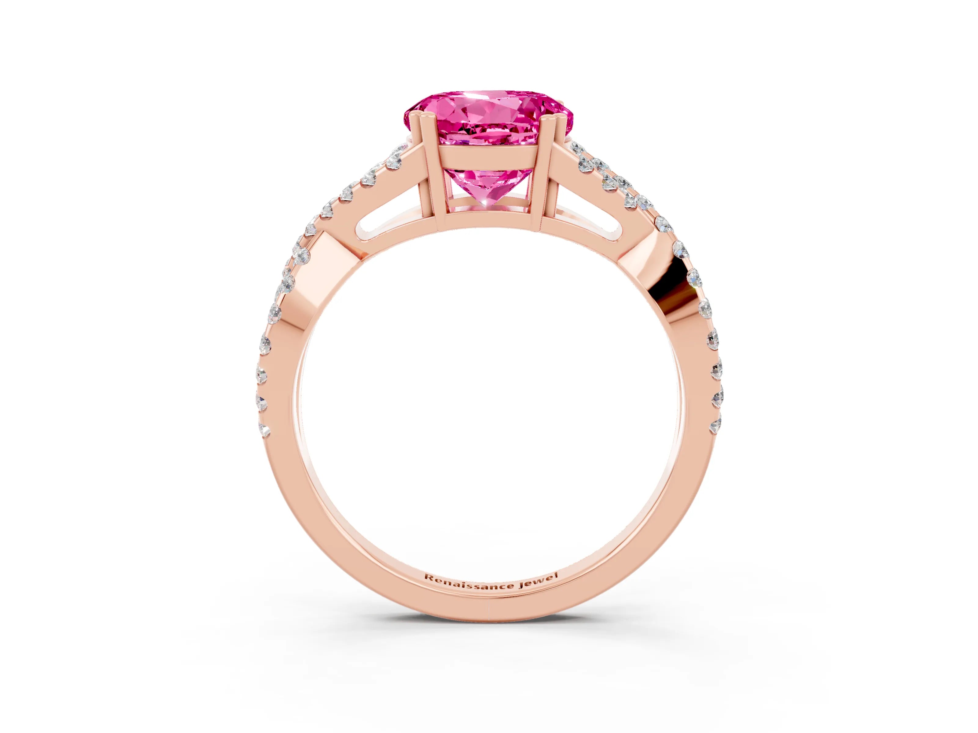Rose gold Round Cut Pink Sapphire Solitaire Ring with Four-Prong Setting and Twisted Pavé Band_15