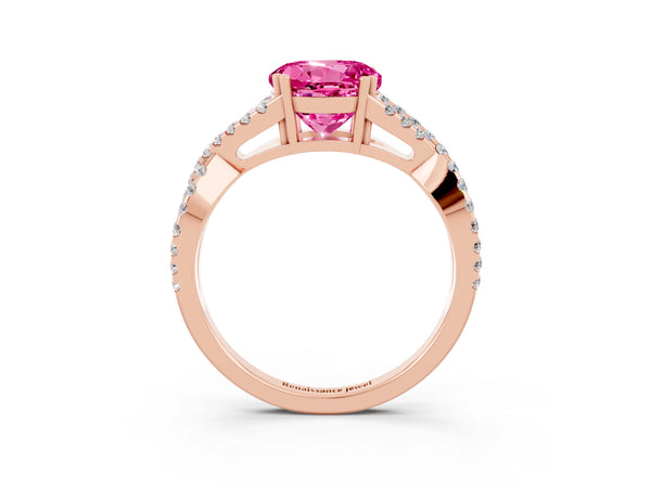 Rose gold Round Cut Pink Sapphire Solitaire Ring with Four-Prong Setting and Twisted Pavé Band