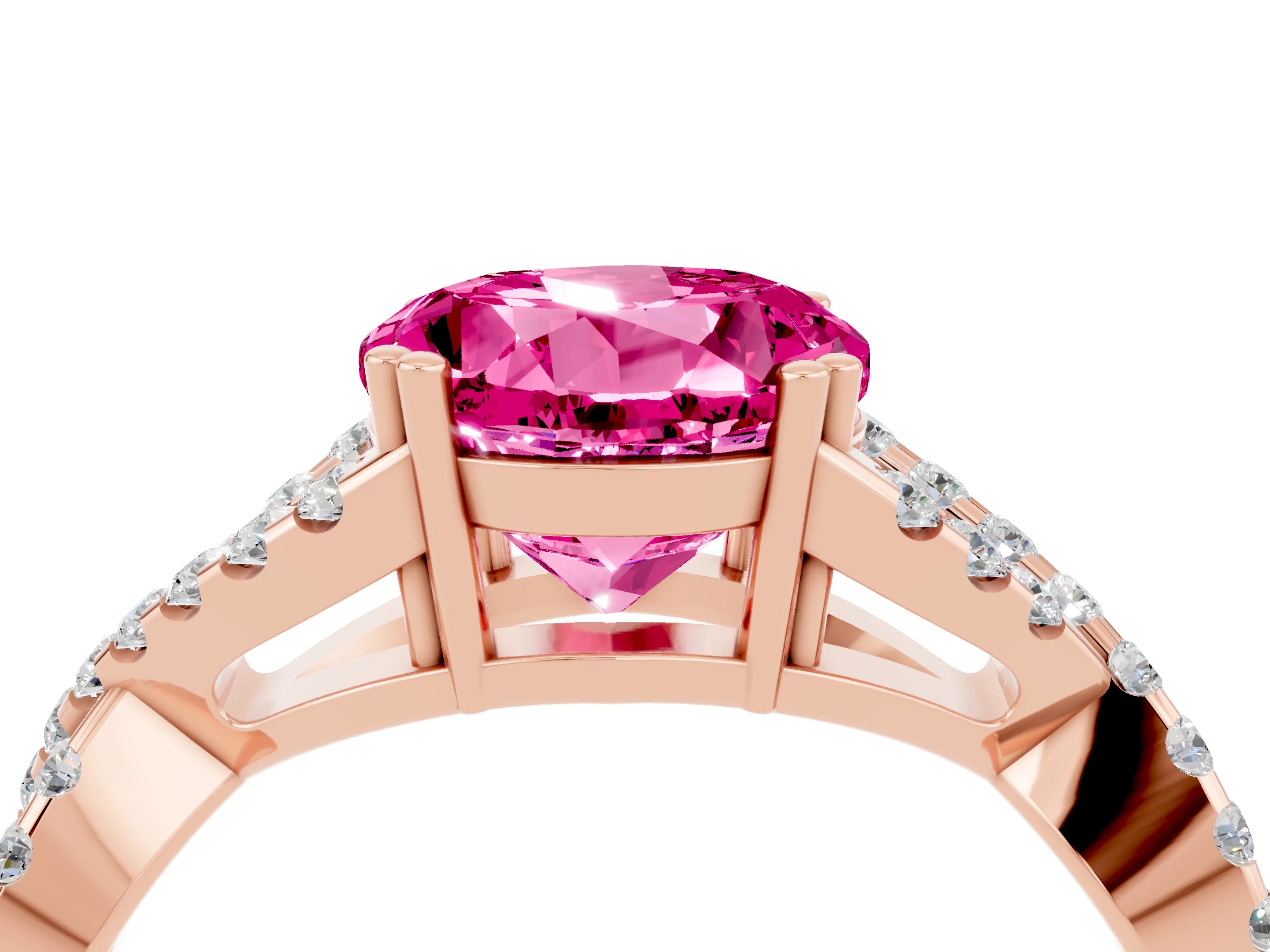 Rose gold Round Cut Pink Sapphire Solitaire Ring with Four-Prong Setting and Twisted Pavé Band_16