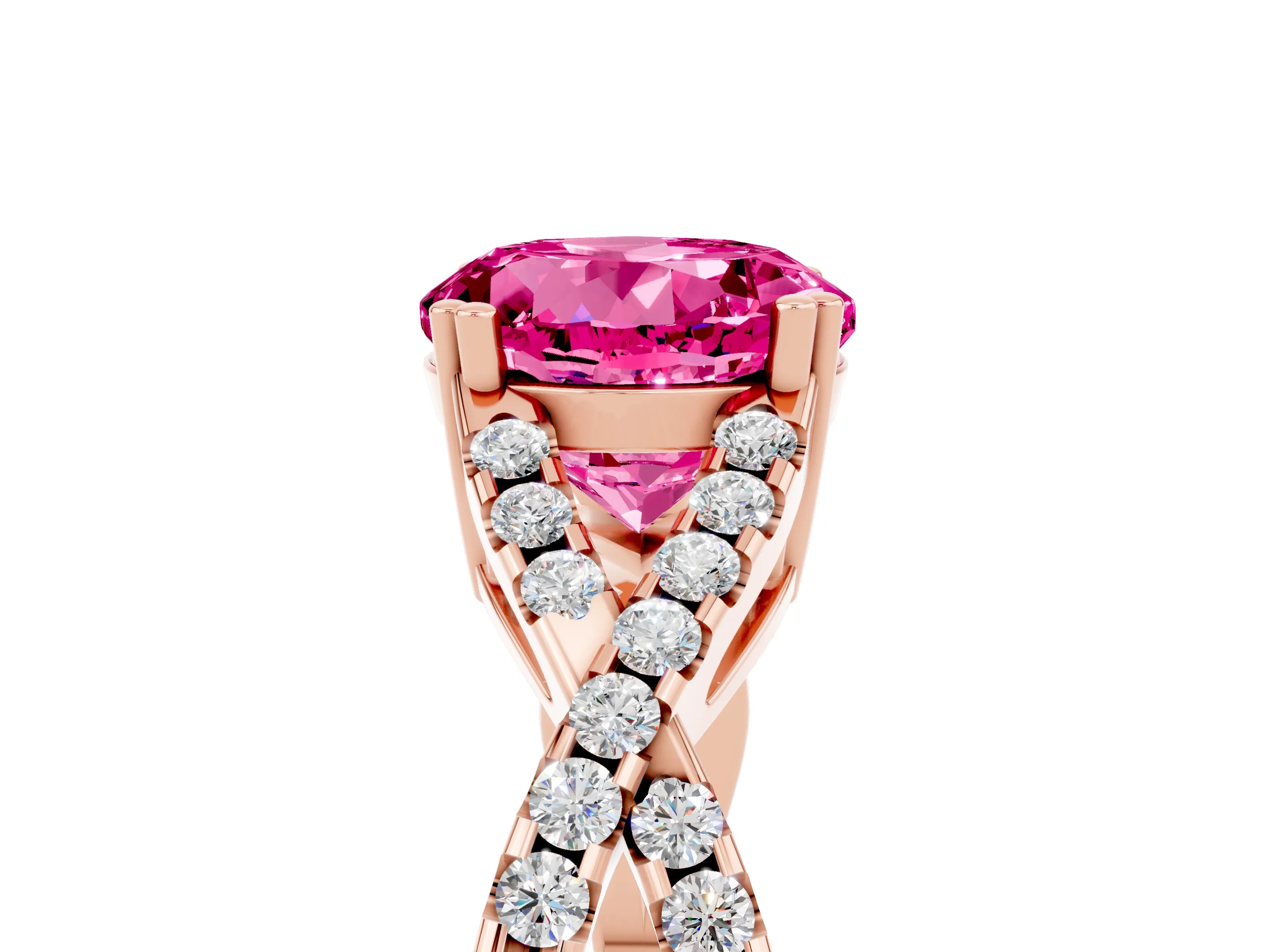 Rose gold Round Cut Pink Sapphire Solitaire Ring with Four-Prong Setting and Twisted Pavé Band_17