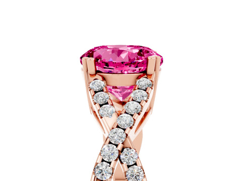 Rose gold Round Cut Pink Sapphire Solitaire Ring with Four-Prong Setting and Twisted Pavé Band_17