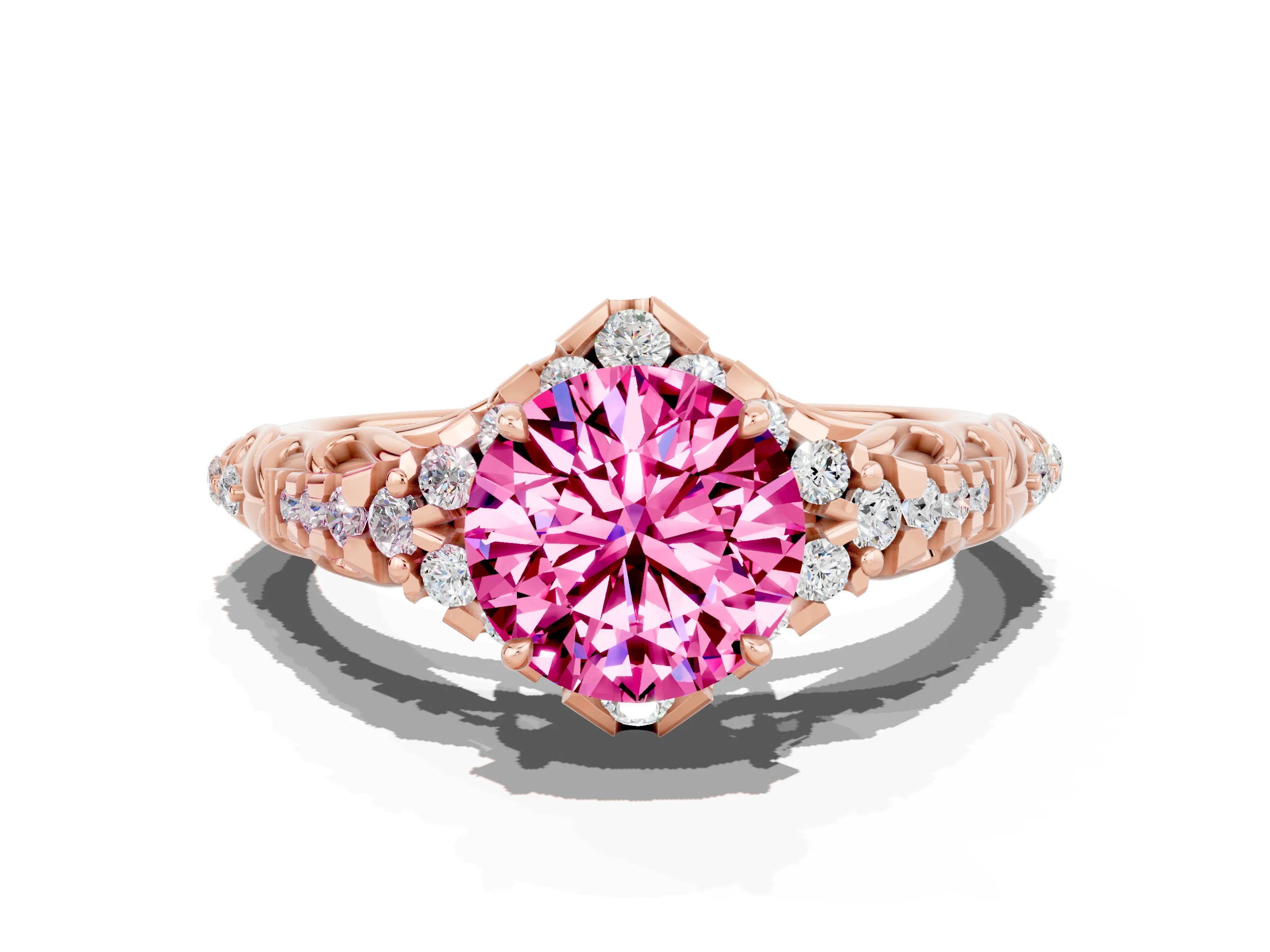 Rose gold Round Cut Pink Sapphire Solitaire Ring with Hidden Halo and Pavé Band_12