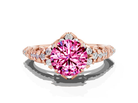 Rose gold Round Cut Pink Sapphire Solitaire Ring with Hidden Halo and Pavé Band_12