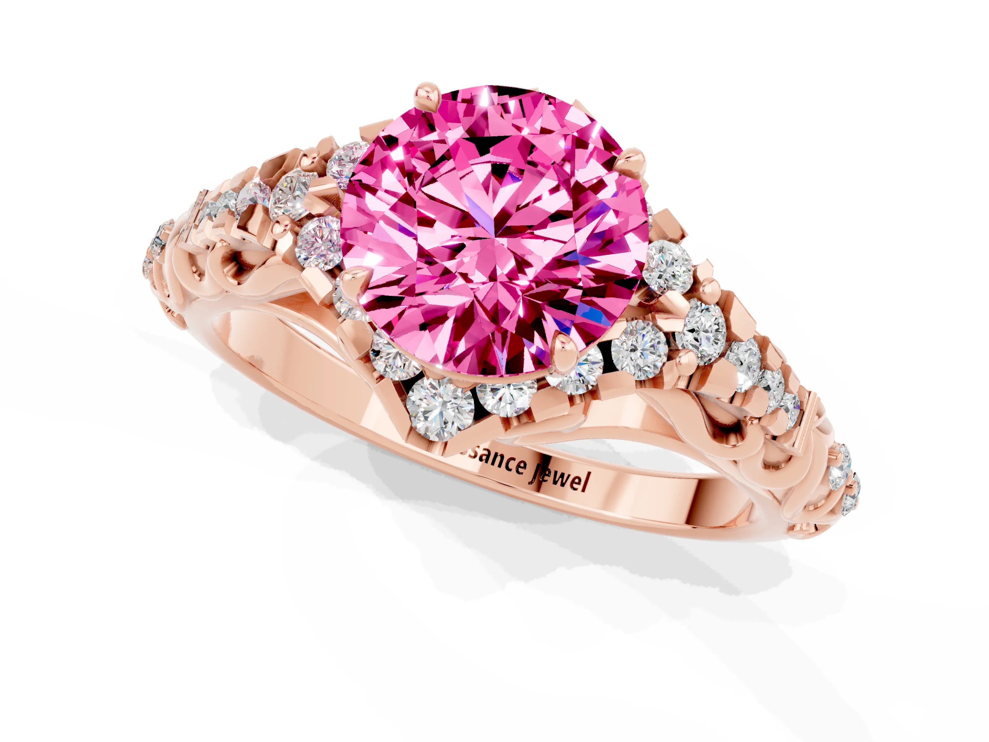 Rose gold Round Cut Pink Sapphire Solitaire Ring with Hidden Halo and Pavé Band_13