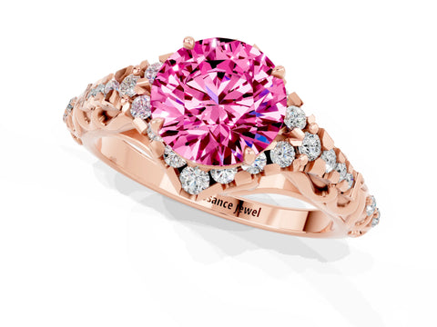 Rose gold Round Cut Pink Sapphire Solitaire Ring with Hidden Halo and Pavé Band_13