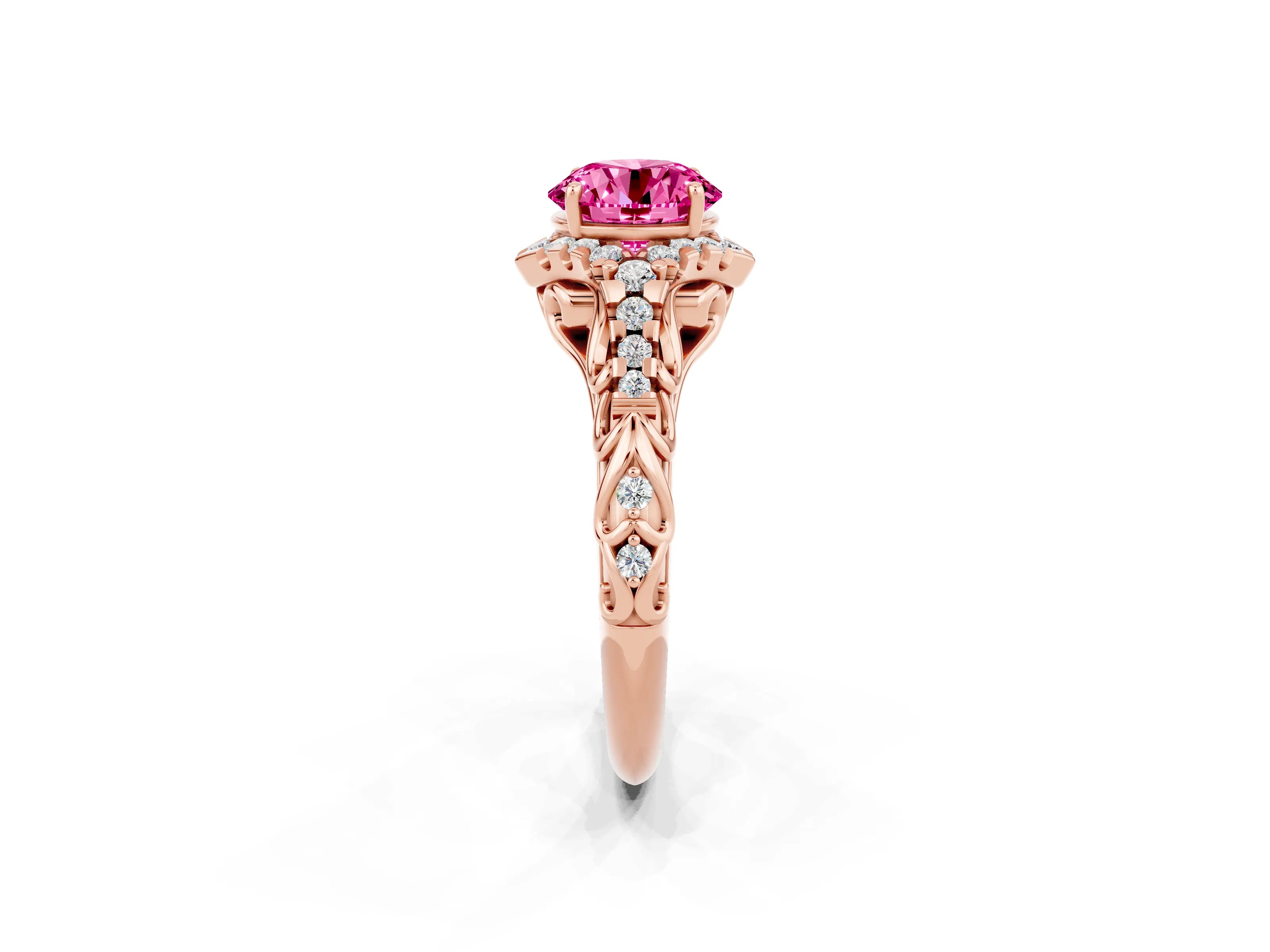 Rose gold Round Cut Pink Sapphire Solitaire Ring with Hidden Halo and Pavé Band_14