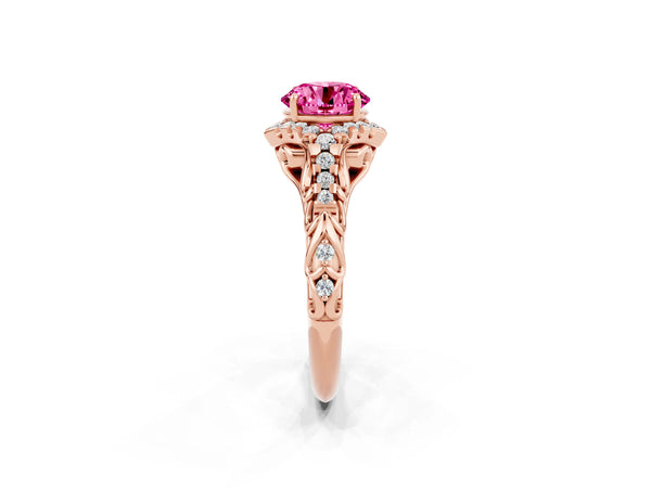 Rose gold Round Cut Pink Sapphire Solitaire Ring with Hidden Halo and Pavé Band