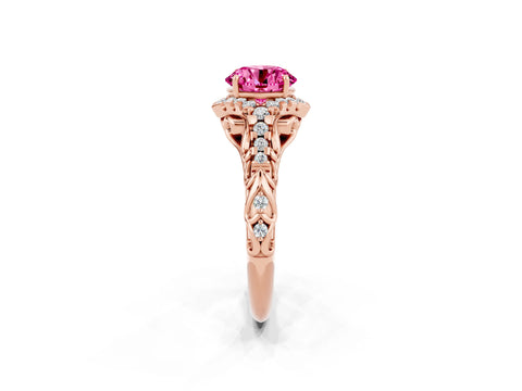 Rose gold Round Cut Pink Sapphire Solitaire Ring with Hidden Halo and Pavé Band_14