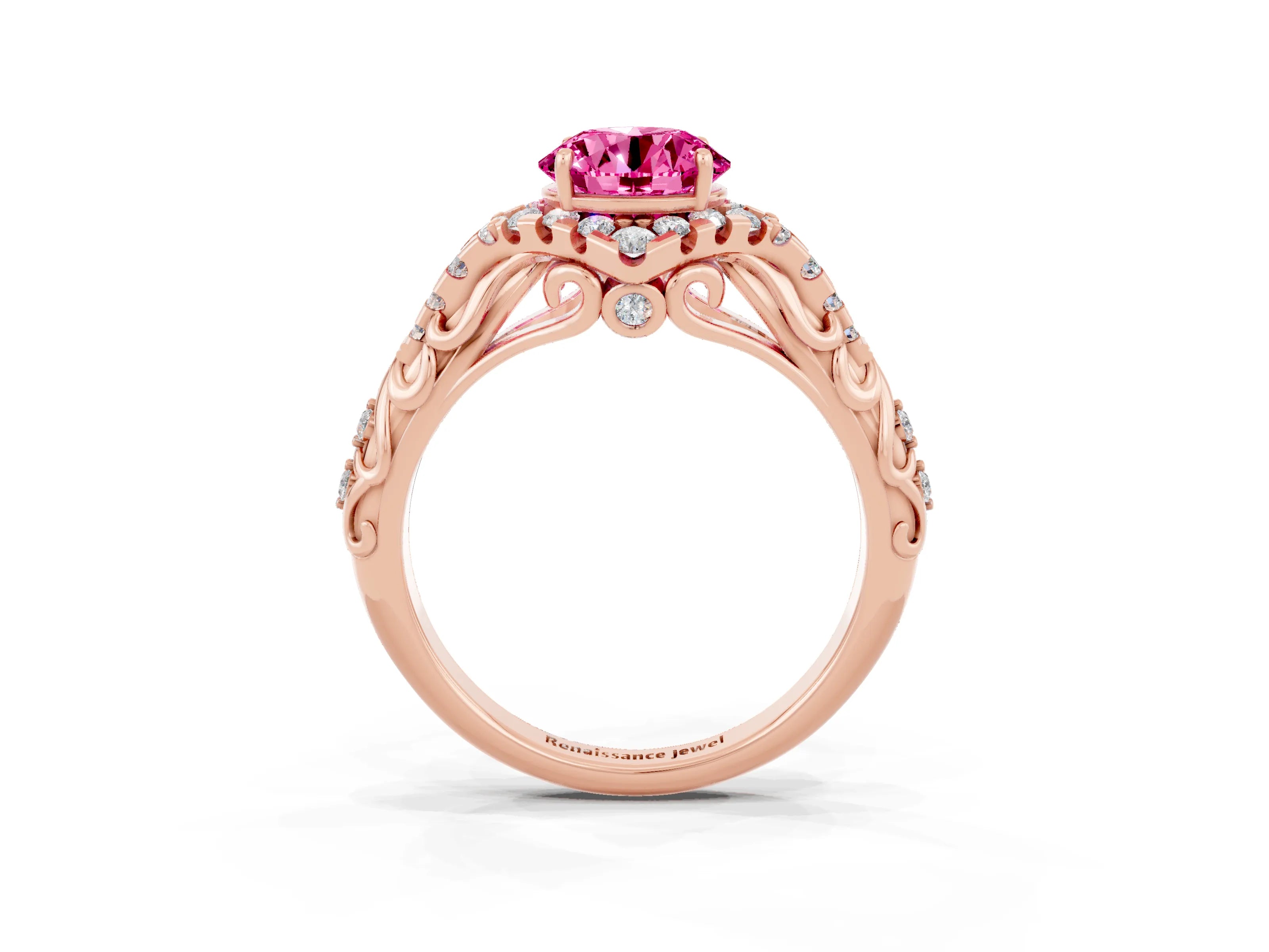 Rose gold Round Cut Pink Sapphire Solitaire Ring with Hidden Halo and Pavé Band_15