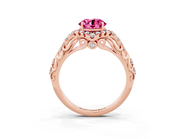 Rose gold Round Cut Pink Sapphire Solitaire Ring with Hidden Halo and Pavé Band