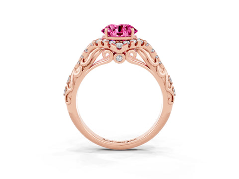 Rose gold Round Cut Pink Sapphire Solitaire Ring with Hidden Halo and Pavé Band_15