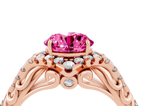 Rose gold Round Cut Pink Sapphire Solitaire Ring with Hidden Halo and Pavé Band_16