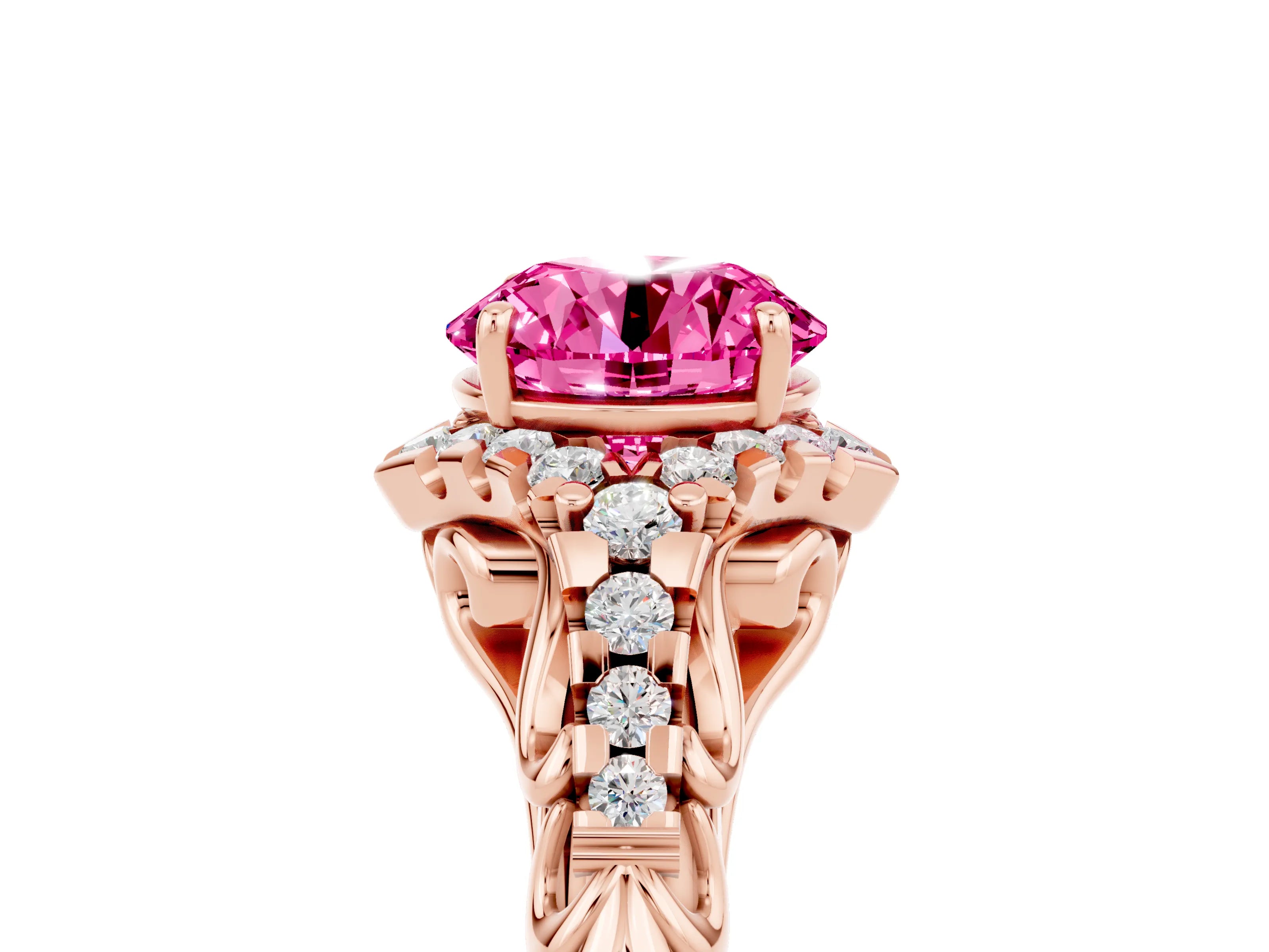 Rose gold Round Cut Pink Sapphire Solitaire Ring with Hidden Halo and Pavé Band_17