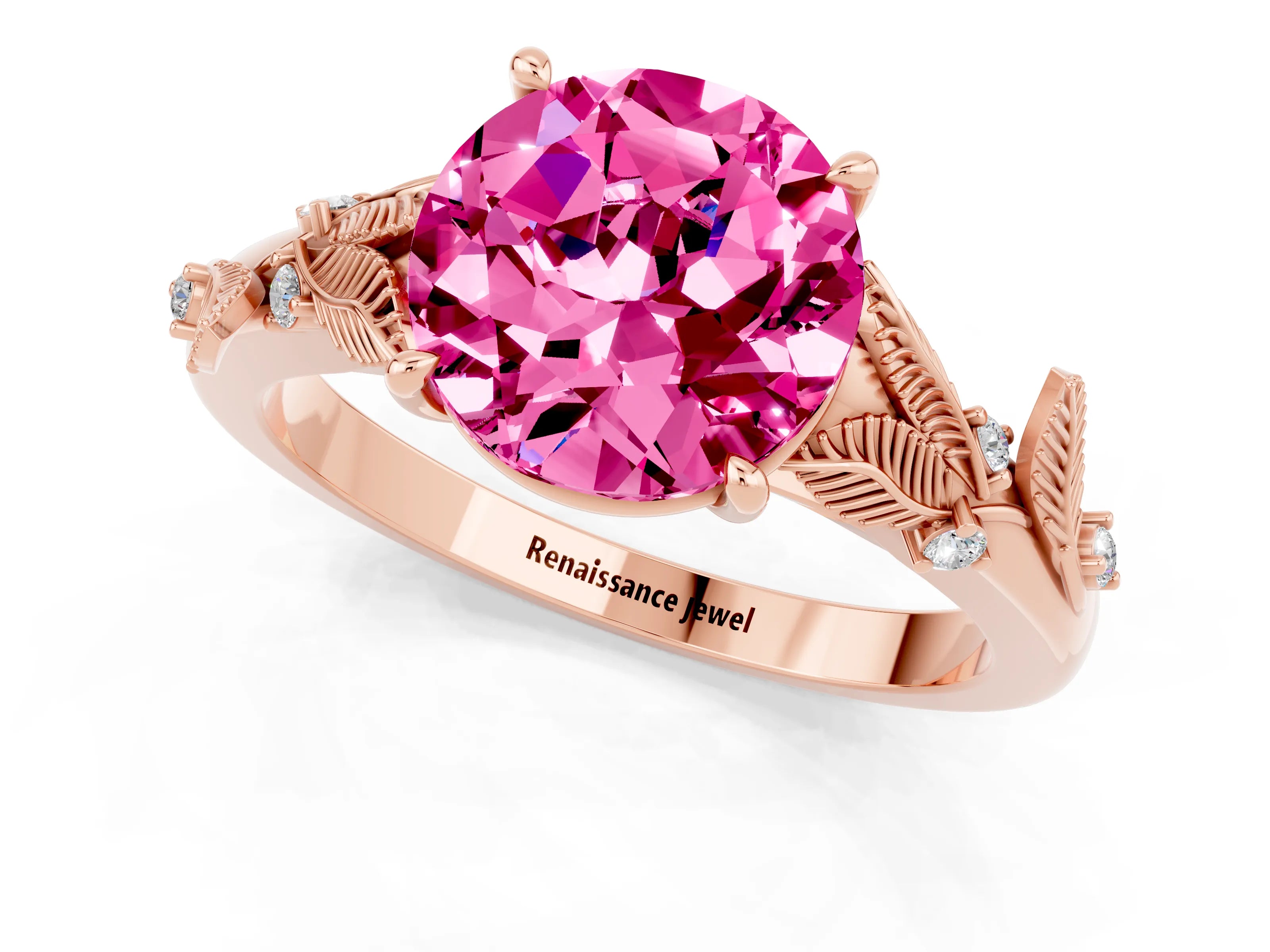 Rose gold Round Cut Pink Sapphire Solitaire Ring with Leaf Motif Band and Four-Prong Setting_1
