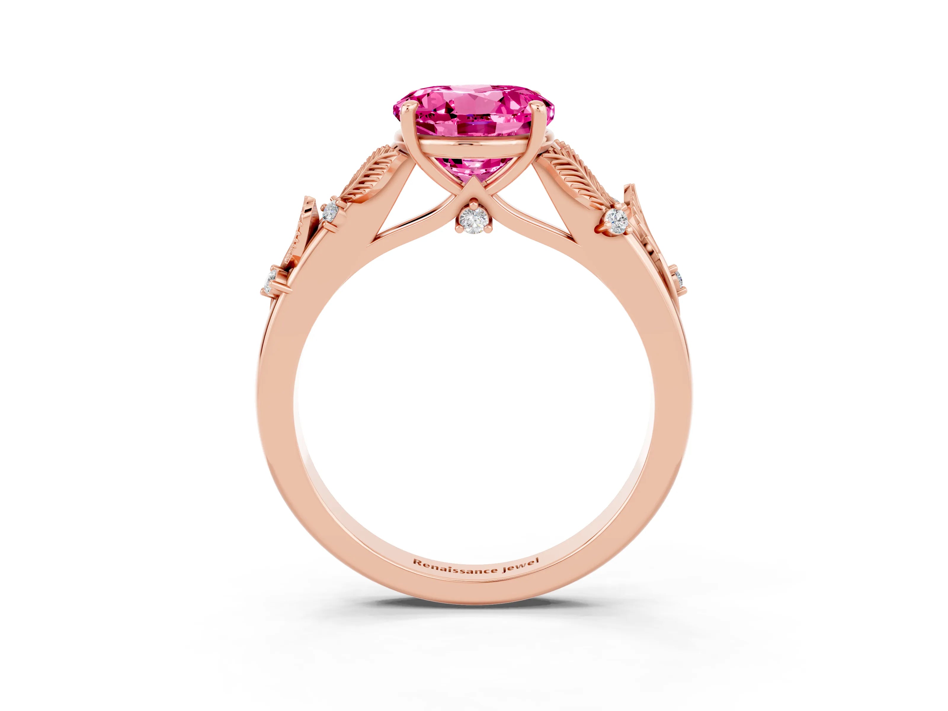 Rose gold Round Cut Pink Sapphire Solitaire Ring with Leaf Motif Band and Four-Prong Setting_3
