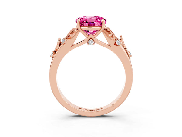Rose gold Round Cut Pink Sapphire Solitaire Ring with Leaf Motif Band and Four-Prong Setting