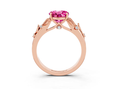Rose gold Round Cut Pink Sapphire Solitaire Ring with Leaf Motif Band and Four-Prong Setting_3