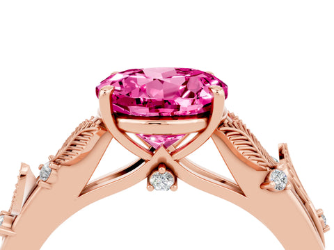 Rose gold Round Cut Pink Sapphire Solitaire Ring with Leaf Motif Band and Four-Prong Setting_4