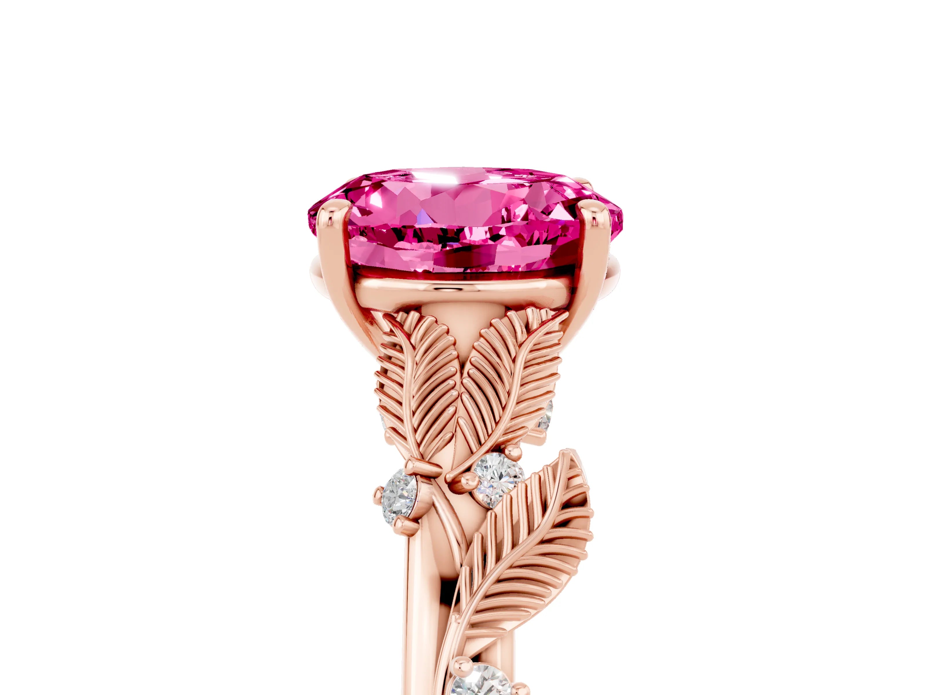 Rose gold Round Cut Pink Sapphire Solitaire Ring with Leaf Motif Band and Four-Prong Setting_5