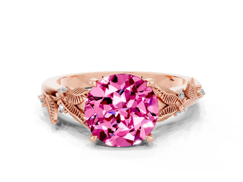 Rose gold Round Cut Pink Sapphire Solitaire Ring with Leaf Motif Band and Four-Prong Setting