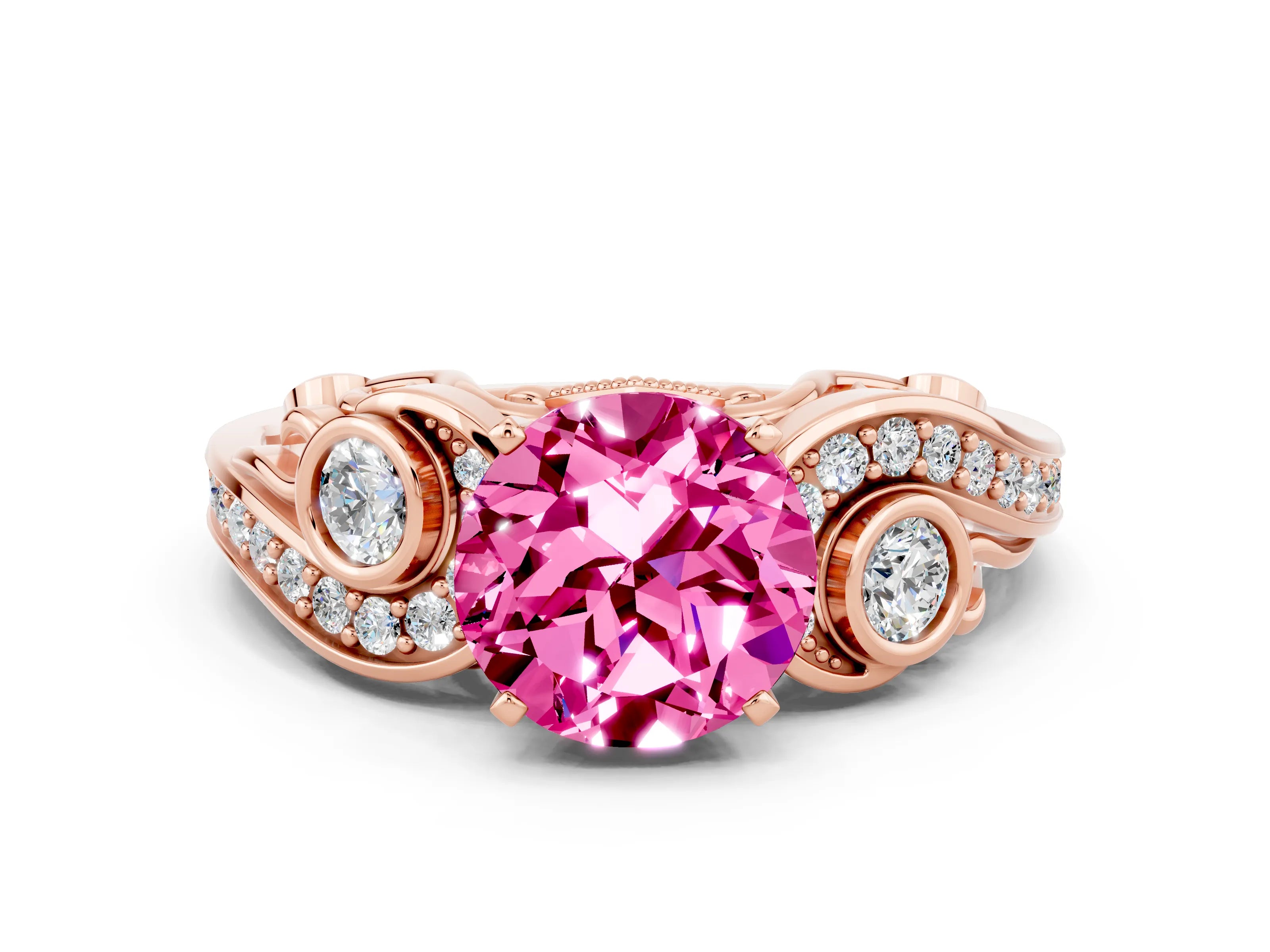 Rose gold Round Cut Pink Sapphire Solitaire Ring with Milgrain Pavé Band and Four-Prong Setting_24