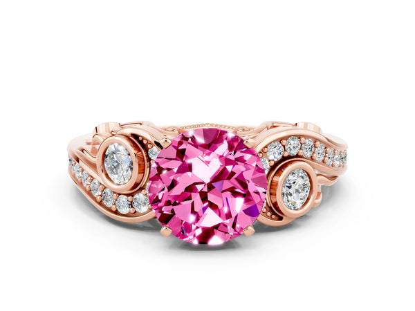 Rose gold Round Cut Pink Sapphire Solitaire Ring with Milgrain Pavé Band and Four-Prong Setting